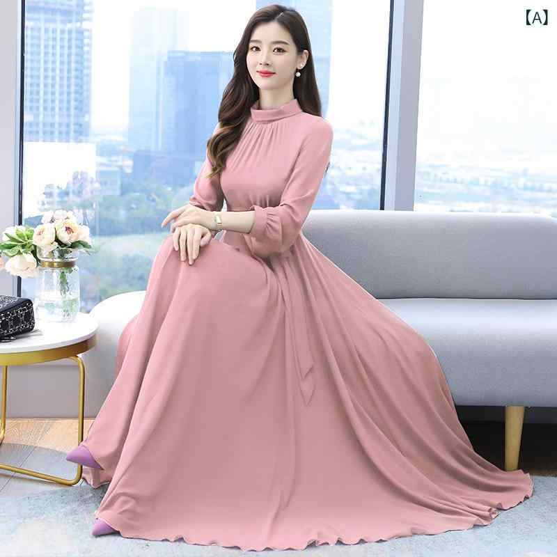 Dresses - ワンピース レディース 長袖 ロング丈 マキシ丈 無地 シフォン素材 落ち感 Aライン きれいめ 春秋 ビーチ リゾート 通勤 普段着 体型カバー ゆったりとしたシルエットで動きやすい