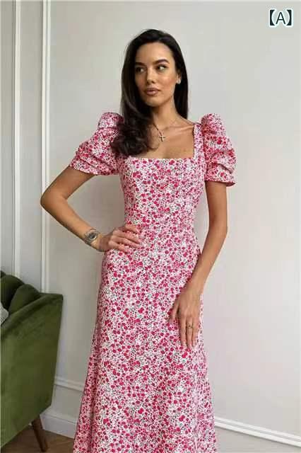 ワンピース レディース 花柄 半袖 ロング丈 コットン混 パフスリーブ ウエストマーク 着痩せ Aライン ボタニカル柄 フェミニン お出かけ 旅行 リゾート 夏服 ロングワンピース 涼しい 動きやすい