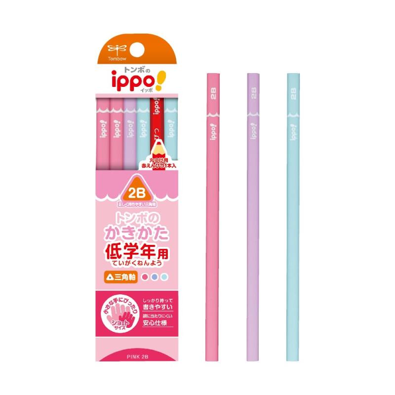 トンボ鉛筆 三角鉛筆 2B (赤えんぴつ1本入り) 安全の短め設計 ippo 低学年用かきかた ピンク MP-SEPW04..