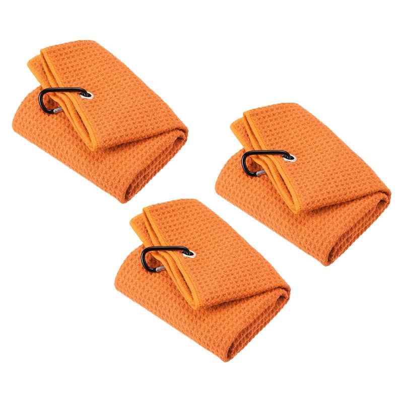 Rakuten - PATIKIL 30 x 30 cm 三つ折りゴルフタオル 3個入り ワッフルパターン タオルソフト ファイバ 強力な吸水力 Dクリップ付き ゴルフ愛好家用 オレンジ