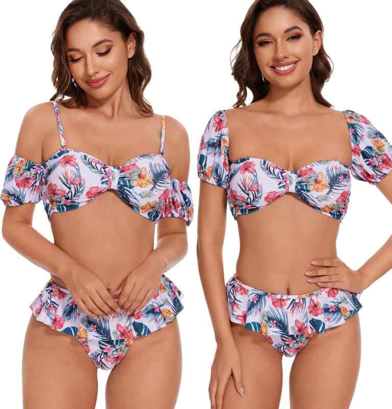 [マドルガーダフォービーチ] 6通りのスタイルが楽しめる ビキニ 水着 パフスリーブ バンドゥ レディース ボタニカル リゾート パッド付き S803 (Mサイズ, リゾートハイビスカス)