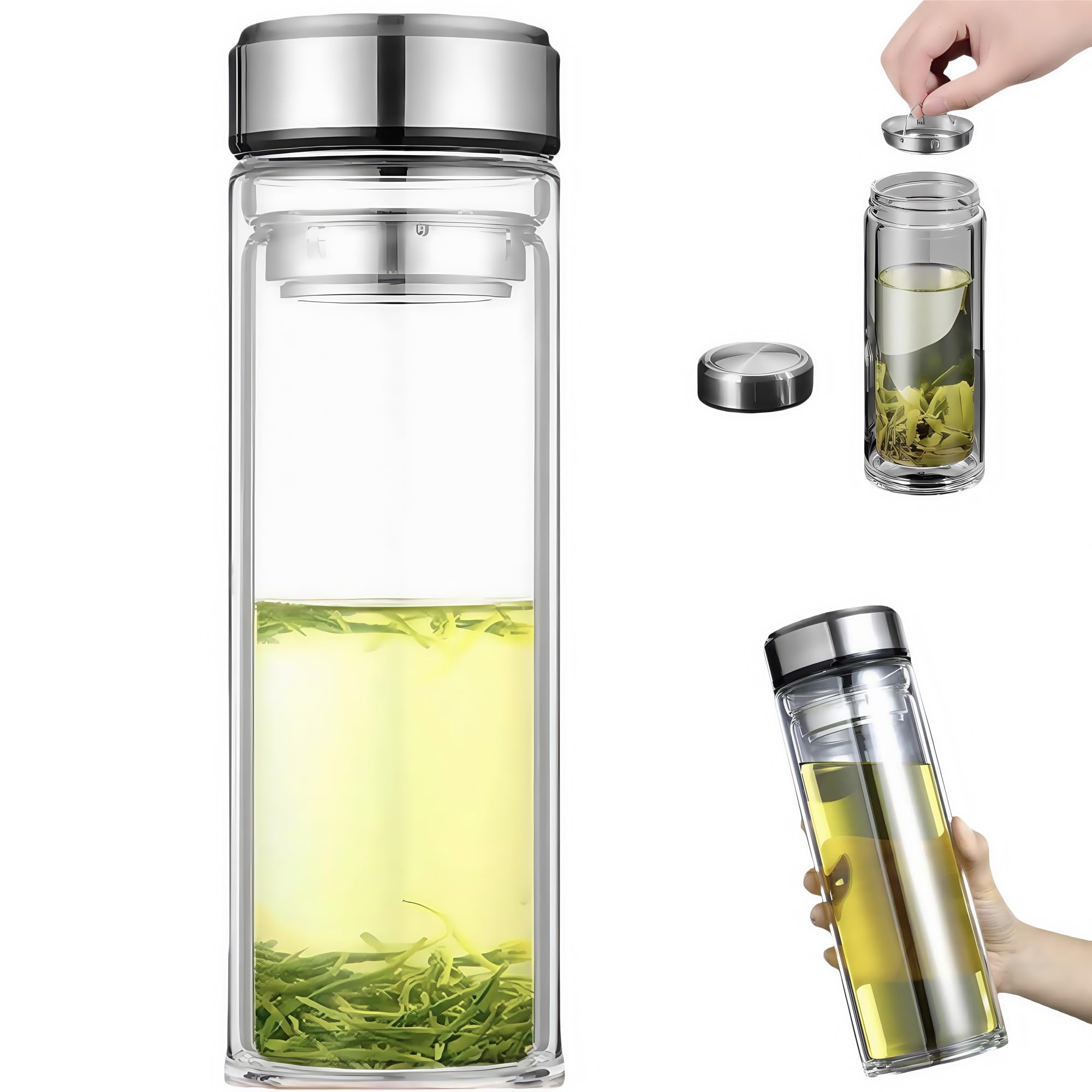 二重ガラス 茶分離カップ 耐熱耐冷 水筒 ティーボトル 密封 直飲み マグボトル