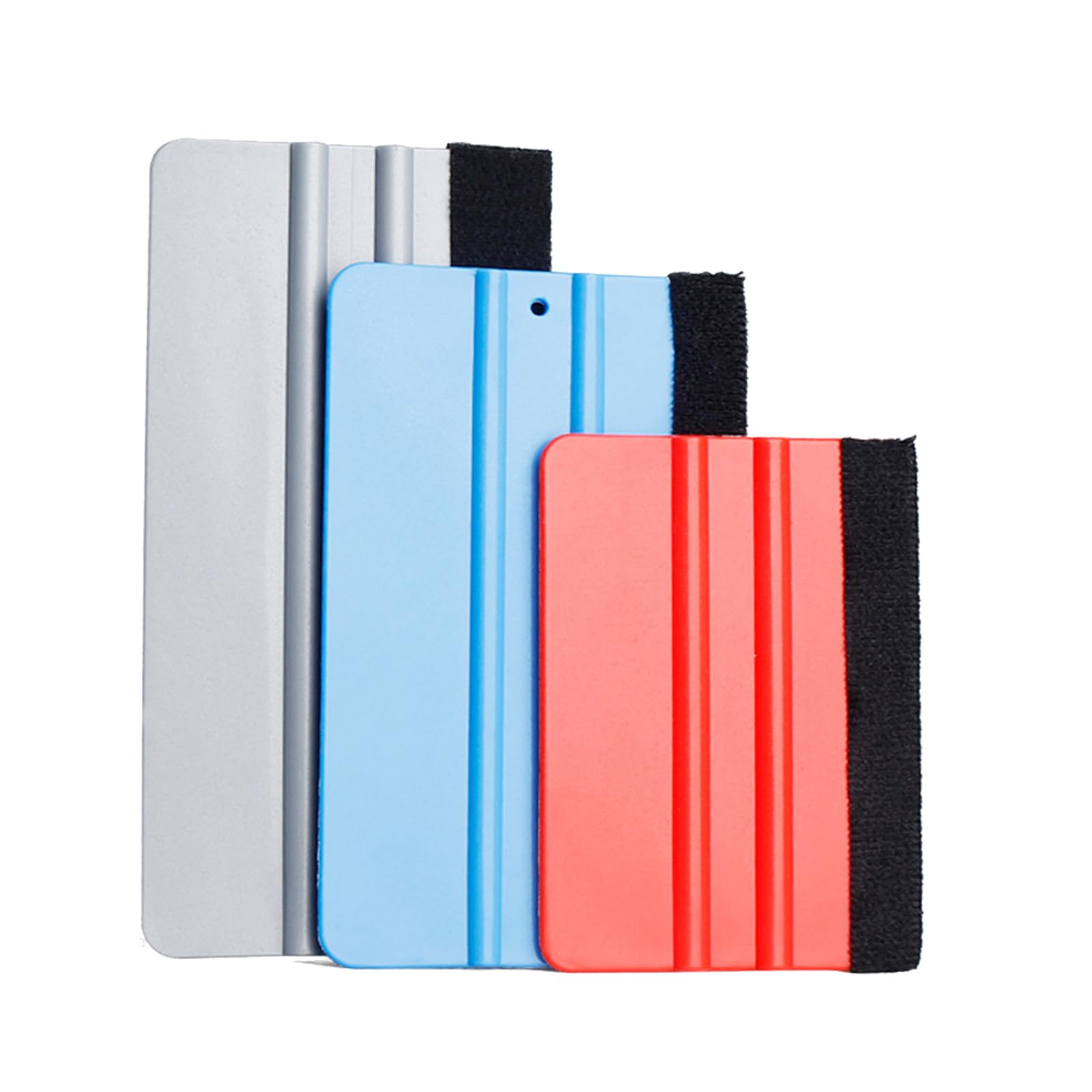 【製品仕様】:約15cmx8cm、約13cmx8cm、約10cmx7cm。カラー:グレー、ブルー、レッド。 【高品質素材】軽く、耐熱性・衝撃強度に優れたプラスチックは硬すぎず、柔らかすぎず、柔軟性があります。先端部分は素材にやさしくキズが付かないフェルト(取り外可能)を付けています。傷が付きにく、カッティングシートにも車にもやさしいです。 【施工簡単】使いやすい工具の組み、施工の角度に合わせて、シール等の空気抜きにご利用ください、ラッピング貼り物をさらにキレイに貼れます。 【耐摩耗性】傷が付きにくい特製スキージーです、カッティングシートにも車にもやさしい。スキージーの硬さも車のボディを傷めないないよう、先端部分は素材にやさしくキズが付かないフェルトを付けました。 【多用途】車やバイクへのラッピングツールとしてはもちろん、その他にもスマホやタブレットの保護フィルム、広告フィルム貼り付け時のエアー抜き、窓や壁のシールやフィルムを用いたデコレーション、タイルシートの張り付け、家具やキッチンキャビネットへのカッティングシートなど色々なDIYシーンで活躍してくれます。 【多用途】車やバイクへのラッピングツールとしてはもちろん、その他にもスマホやタブレットの保護フィルム、広告フィルム貼り付け時のエアー抜き、窓や壁のシールやフィルムを用いたデコレーション、タイルシートの張り付け、家具やキッチンキャビネットへのカッティングシートなど色々なDIYシーンで活躍してくれます。