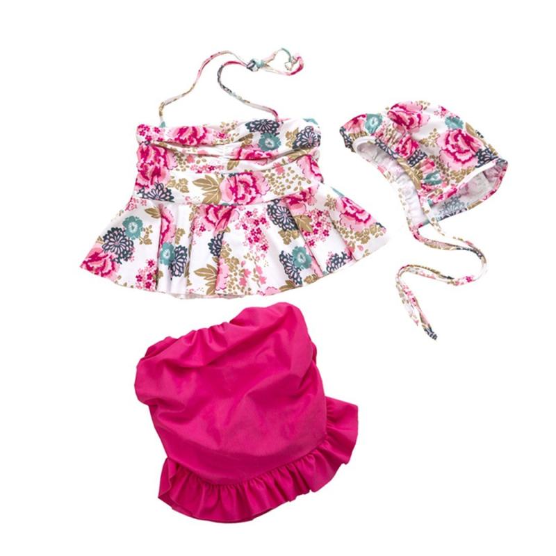 【Tubame-JP】 女の子 人気水着 フリル水着 帽子付 キッズ水着 温泉 可愛い3点セット 90-130（5サイズ）