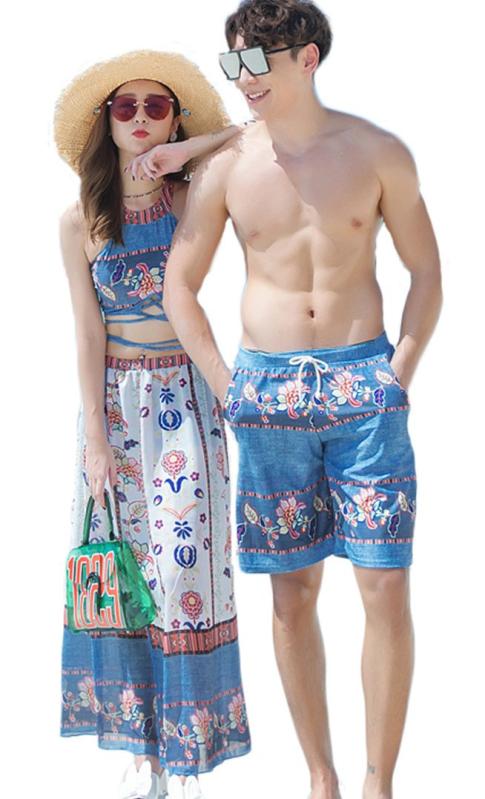 [レモンツリーセブン] 水着 レディース メンズ 海パンツ ペアルック カップル 水着 ペア 男女4点セット 人気 エスニック タンキニ ショートパンツ ビキニ お揃い 新婚旅行