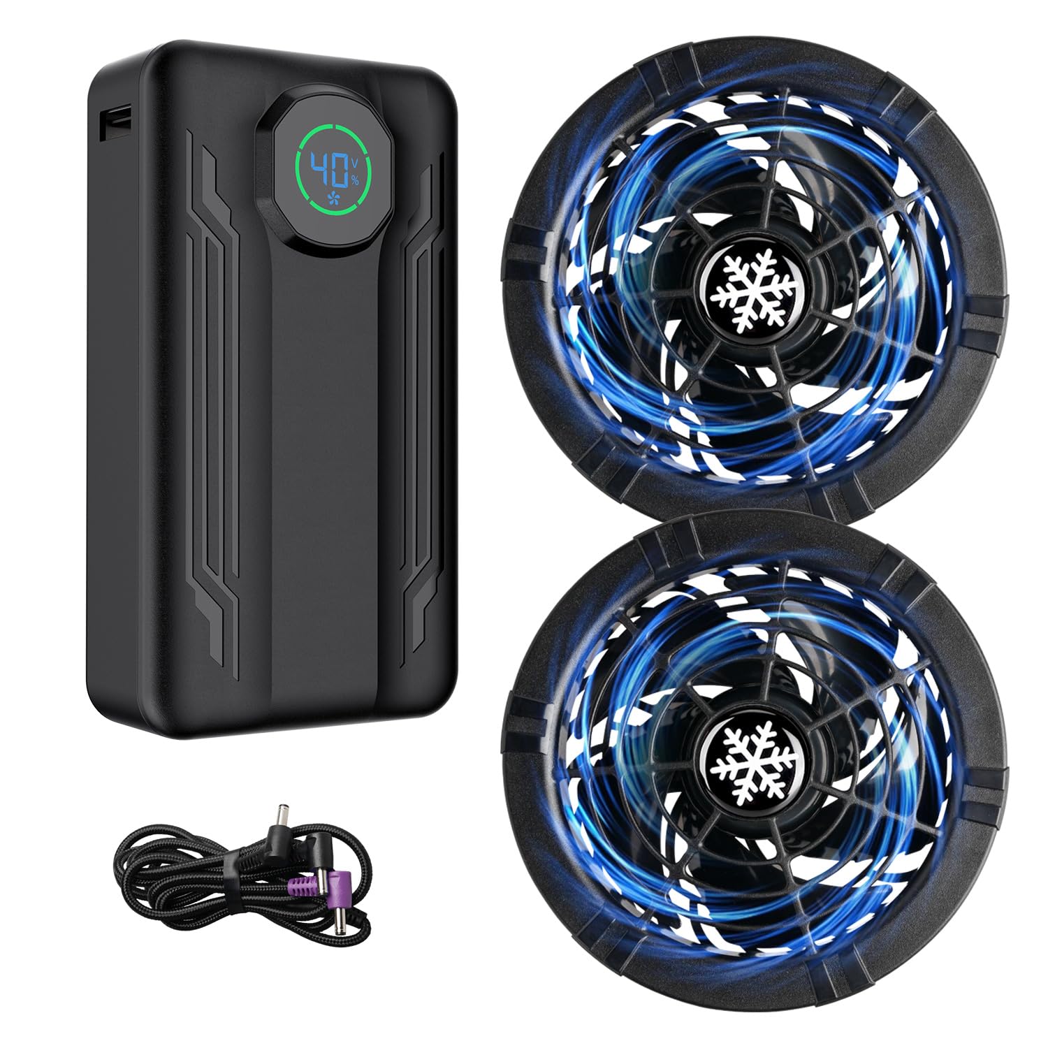 ・出力電圧:40V/35V/30V/25V/20V (5段階調節) ・バッテリー容量:30000mAh ・連続稼働時間:5.5~26時間 ・モーター:日本製ブラシレスモーター ・ファン羽根枚数:5枚 ・ファン取り付け部直径:90mm ・最大風量:209l/s ・モーター寿命:約50,000時間 ・セット内容:40Vバッテリー×1、40Vファン×2、ファンケーブル×1、取扱説明書×1