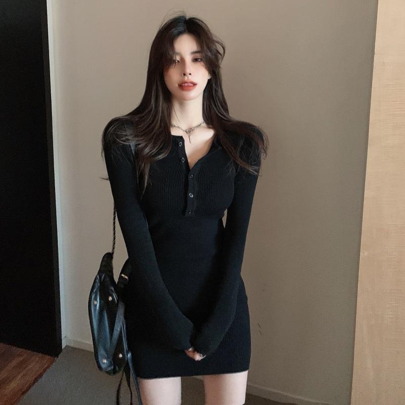 Dresses - ワンピース レディース 長袖 タイト ミニ丈 ブラック コットン混素材 伸縮性 着脱しやすい 無地 シンプル きれいめ 普段着 通勤 通学 秋冬