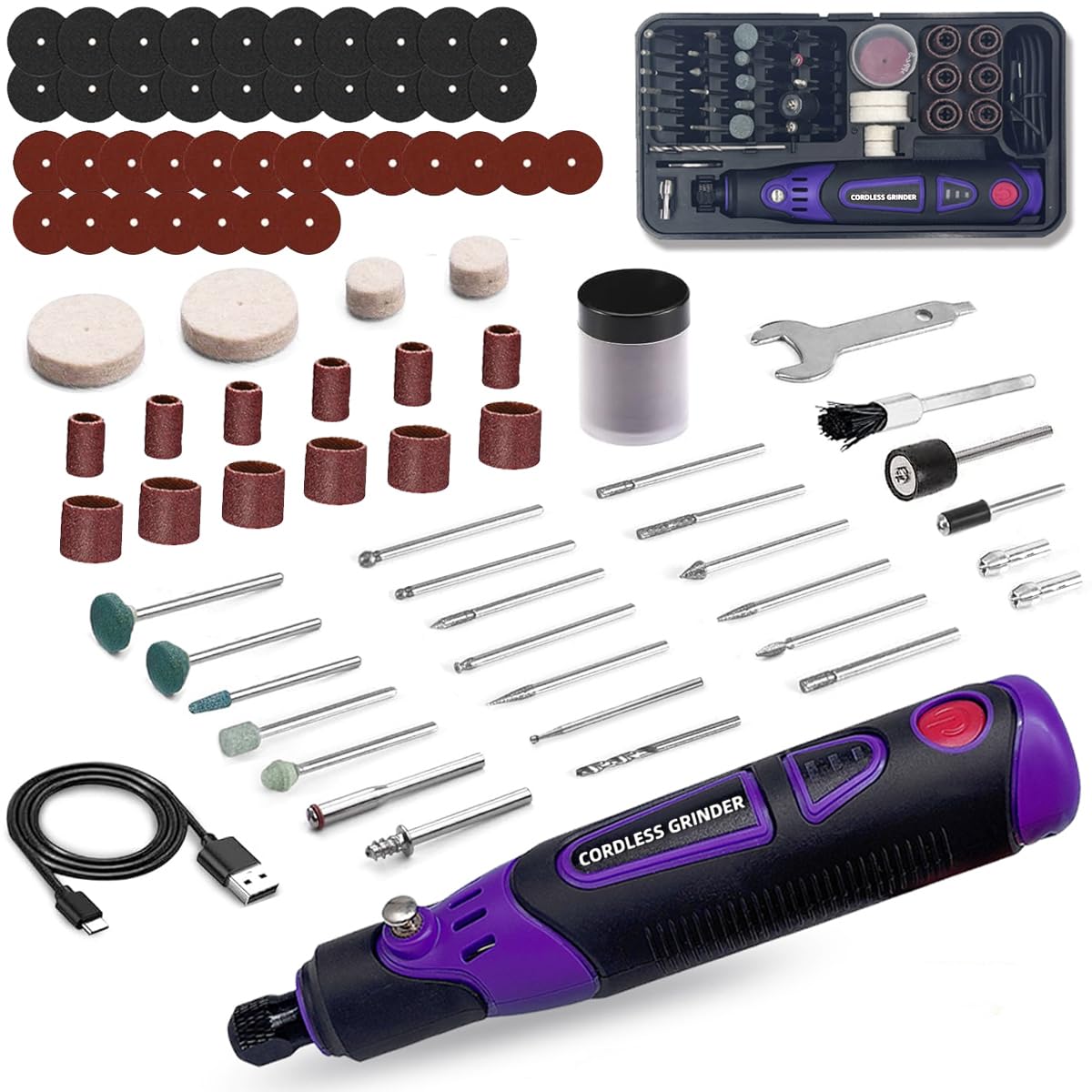 ・セット内容:86pcs ・電圧:3.6V ・変速段階:3段階 ・回転数:17000RPM ・電源:USB充電式(コードレス) ・形状:ペン型