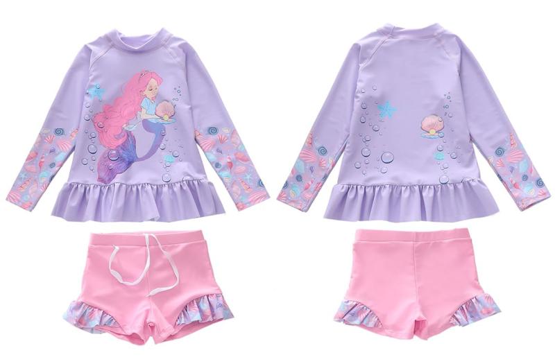 [Youngfull] キッズ 女の子 水着 人魚 可愛い セパレート 長袖 ラッシュガード ショートパンツ 2点セット ガールズ スイムウェア UVカット 速乾 保育園用 小学生 水泳 海水浴 海辺 温泉