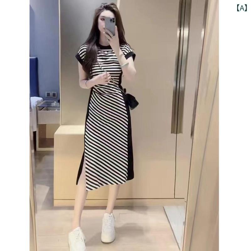 Dresses - ワンピース レディース 半袖 ストライプ 切り替え タイトスカート スリット入り 膝丈 ロング丈 綿混素材 着痩せ 動きやすい 楽ちん きれいめシルエット カジュアル 通勤 通学 デイリー使い
