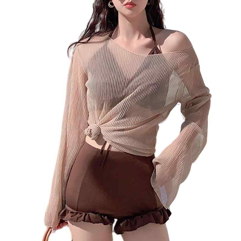 [MzcoYmm] 水着レディース 体型カバー ビキニ 3点セット パット付き ハイウエスト フリル ショートパンツ シースルー トップス 可愛い 大きいサイズ 水陸両用 ビーチ 温泉