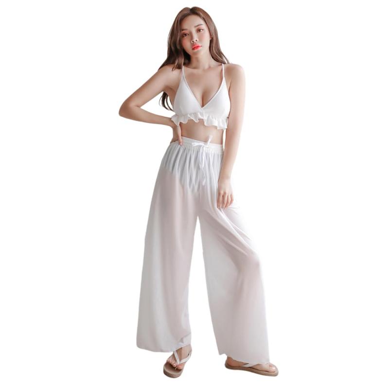 [RAVIR] 【ラヴィール】水着 レディース 体型カバー ビキニ 3点セット 女性用水着 ハイウエスト バイカラー ストライプ フリル ワイドパンツ フェミニン