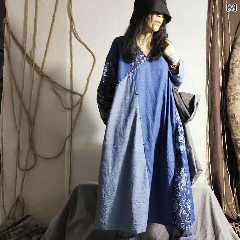 ワンピース レディース 長袖 ロング丈 デニム素材 切り替え レトロ 刺繍入り パッチワーク風 カジュアル 体型カバー デニムワンピース 春秋 ゆったりシルエット マキシ丈 お出かけ デート 旅行