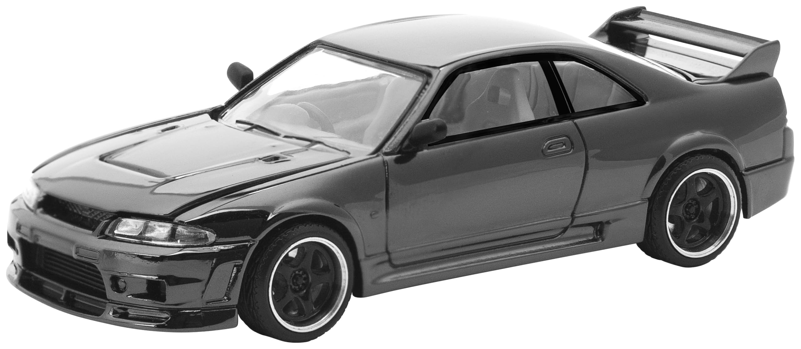 ・スケール:1/64 ・車種:スカイライン GT-R R33 ・仕上げ:ダーククローム塗装 ・内装:ホワイトインテリア ・ギミック:開閉ギミックあり