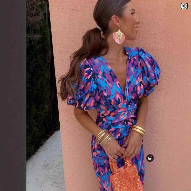 Dresses - ワンピース レディース Vネック 半袖 ひざ丈 タイト スリム シルエット 花柄プリント ウエスト切り替え 着痩せ デート お出かけ 通勤 オフィス オケージョン 伸縮性 フィット感 動きやすい