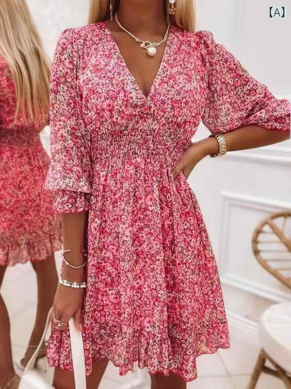 Dresses - ワンピース レディース Vネック 花柄 ロング丈 長袖 マキシ丈 ウエストシャーリング Aライン フレア 体型カバー 着痩せ お出かけ 通勤 デート 旅行 おしゃれ ナチュラル シルエット