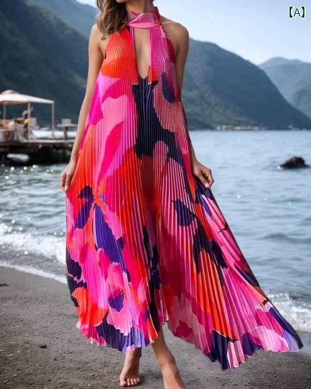 Dresses - ワンピース レディース ノースリーブ 膝丈 ドレス ホルターネック プリーツ加工 Aライン 涼しい 通気性 リゾート ワンマイルウェア お出かけ デート 旅行 きれいめシルエット ふんわり 体型カバー 動きやすい