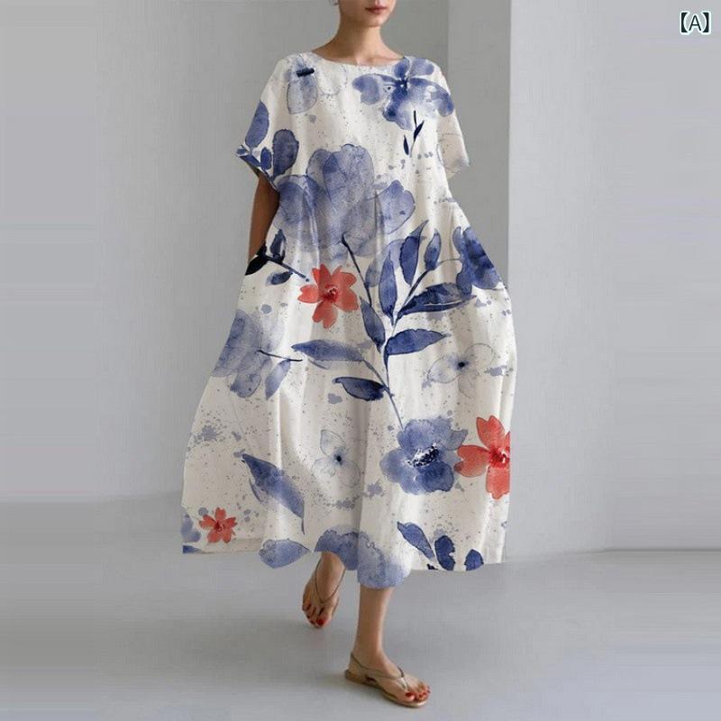 Dresses - ワンピース レディース 半袖 ロング丈 Aライン ゆったり クルーネック プリント柄 コットン混素材 お出かけ カジュアル 体型カバー デイリー使い ゆったりとした着心地 楽ちん 涼しい 夏物
