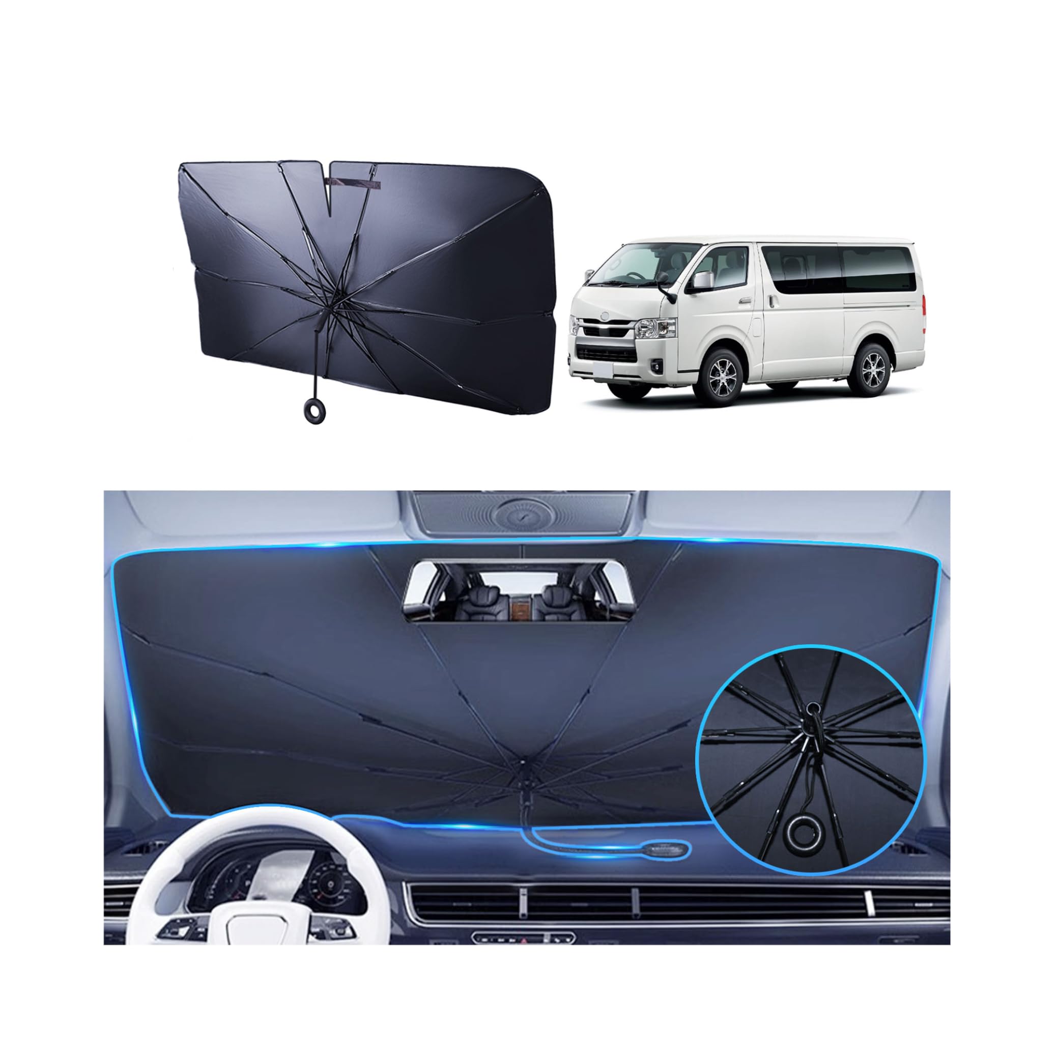 ・色:黒銀 ・素材:チタン断熱素材 ・対応車種:トヨタ ハイエース 200系 標準ボディ(2004.8~現行) ・形状:傘型(中棒無し) ・機能:折りたたみ式、UVカット、遮光、遮熱