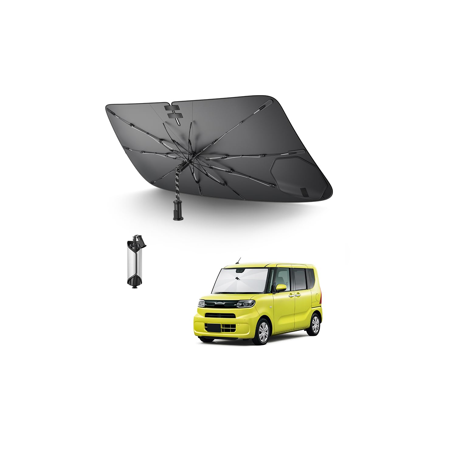 ・対応車種:ダイハツ・タント(3代目)LA600S/LA610S型(2013年 - 2019年) ・構造:6層構造 ・耐熱性:200℃まで ・表面素材:シリコーンコーティング ・内側素材:TPU遮熱ブラック素材 ・遮光性:100% ・傘骨素材:純ガラス繊維 ・傘骨本数:10本 ・縁部構造:ステンレススプリング8本内蔵(360度曲げ伸縮可能) ・生地:900D高密度生地 ・傘紐耐荷重:約50kg(110ポンド) ・収納時体積:従来比約20%削減