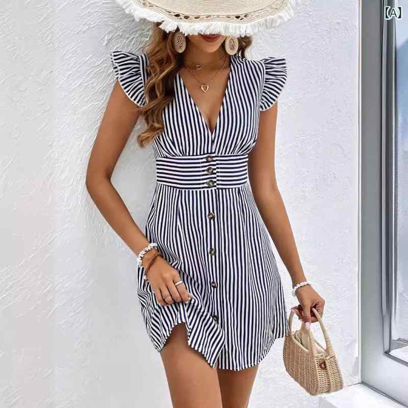 Dresses - ワンピース レディース Vネック ストライプ 膝丈 飛ぶ袖 半袖 薄手 通気性 涼しい サマードレス カジュアル デイリー 通勤 オフィス 旅行 お出かけ リゾート 動きやすい