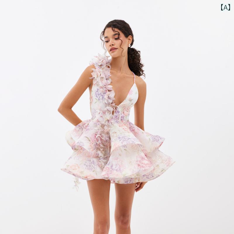 Dresses - ワンピース レディース Vネック 花柄 ノースリーブ ミニ丈 膝上丈 タイト フレア 裾フリル 背中開き 夏 リゾート 旅行 お出かけ デート カジュアル バックリボン 動きやすい 華やか 涼しい