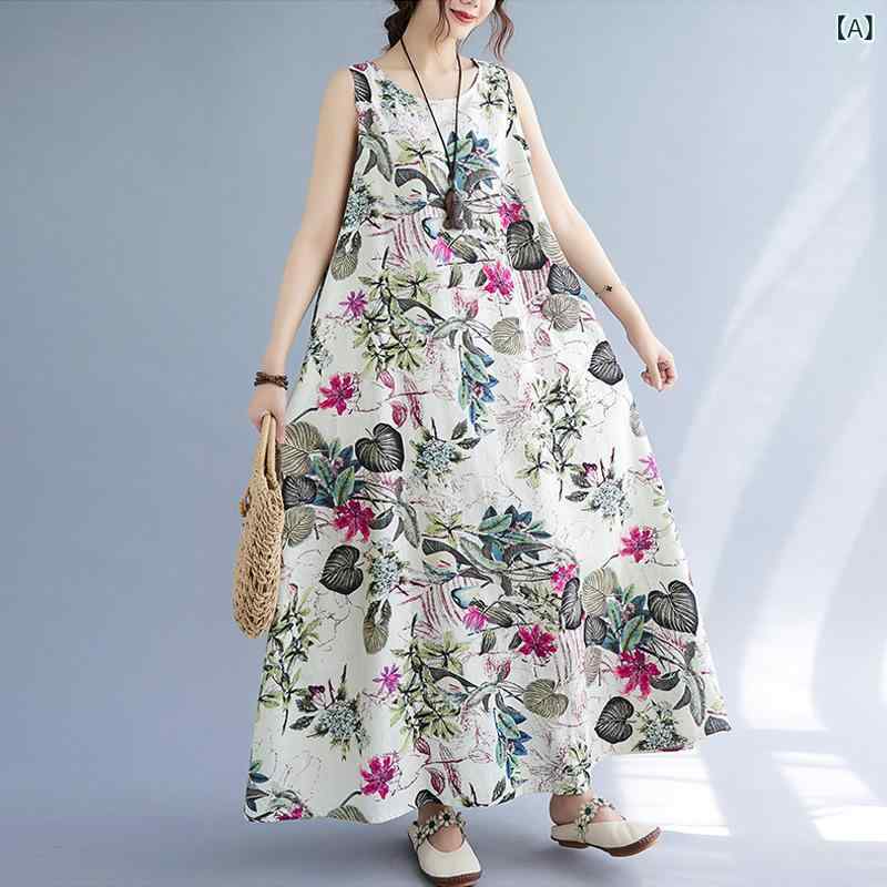 Dresses - ワンピース レディース コットン混 ノースリーブ ロング丈 ゆったり 大きいサイズ 丸首 プリント柄 涼しい 通気性 動きやすい 体型カバー カジュアル 夏 リゾート お出かけ 旅行