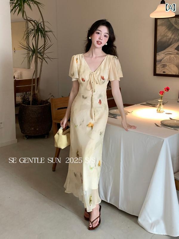 Dresses - ワンピース レディース 半袖 花柄 ロング丈 ハイウエスト フレアシルエット 薄手 通気性 涼しい 着痩せ効果 旅行 リゾート お出かけ デート きれいめ エレガント 上品 膝丈 サマーワンピース