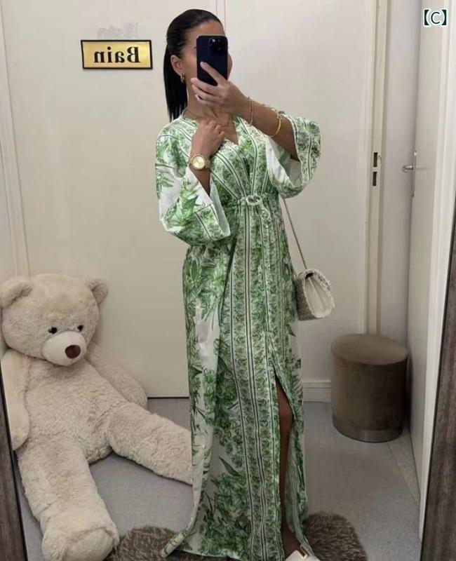 ワンピース レディース Vネック 半袖 プリント ロング丈 スリット入り Aライン 体...