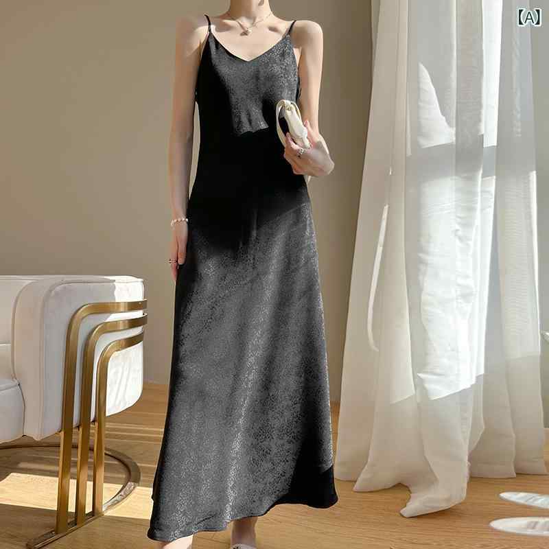 Dresses - キャミソールワンピース レディース サテン Vネック ロング丈 シルク風 サテン素材 フラワー柄 ノースリーブ 膝下丈 インナーワンピース レイヤード 着回ししやすい 通勤 オフィス デート 発表会