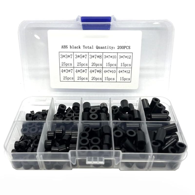 ABS ナイロンラウンドスペーサー ナイロンラウンドスペーサーワッシャー ナイロン丸型スペーサー セット キット ブラック キット 収納ケース付き（200個入り）基板固定 修理(3.0)