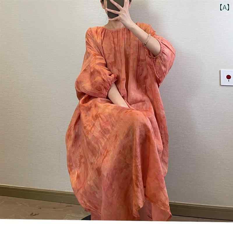 ワンピース レディース タイダイ柄 レトロ ゆったり ロング丈 マキシ丈 体型カバー...