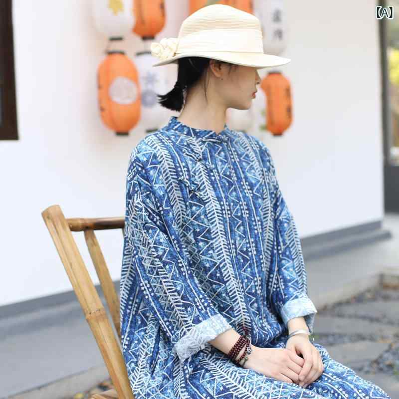 ワンピース レディース チャイナドレス 綿麻素材 スタンドカラー レトロ風 総柄 膝...