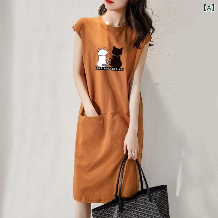 乐天商城 - ワンピース レディース プリントTシャツ ひざ丈 ゆったりシルエット コットン混素材 半袖 クルーネック 動きやすい 楽ちん 涼しい 通気性 体型カバー カジュアル デイリー 夏物 普段着