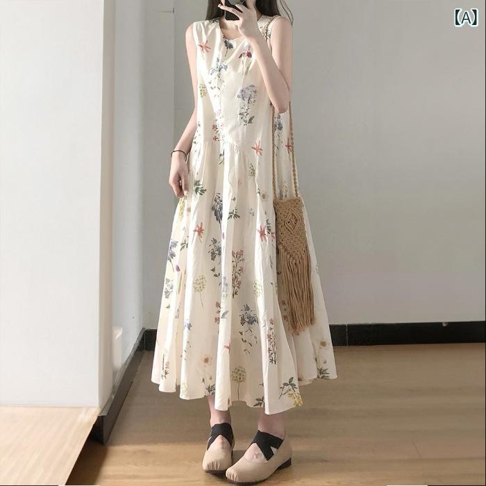 Rakuten - ワンピース レディース 花柄 ノースリーブ ラウンドネック Aライン フレア サマードレス ロング丈 リゾート ワンピ マキシ丈 ゆったり 体型カバー 通気性 涼しい お出かけ 夏服