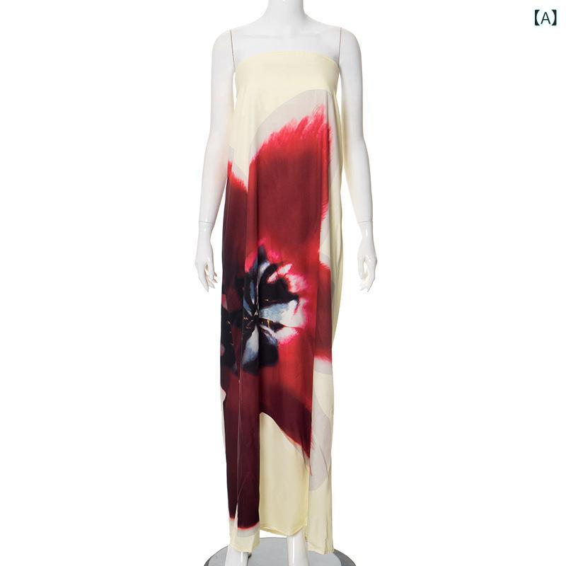 Dresses - ワンピース レディース サマードレス 花柄 ベアトップ バックオープン ハイウエスト ノースリーブ フレアシルエット 涼しい 通気性 リゾート お出かけ 旅行 デート ロング丈 マキシ丈