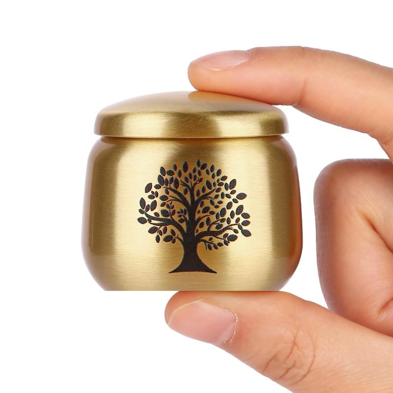 真鍮製 ミニ骨壷 1個セット - 「生命の樹」デザイン 彫刻付き 小型遺灰入れ - 人間・ペット遺灰用 メモ..