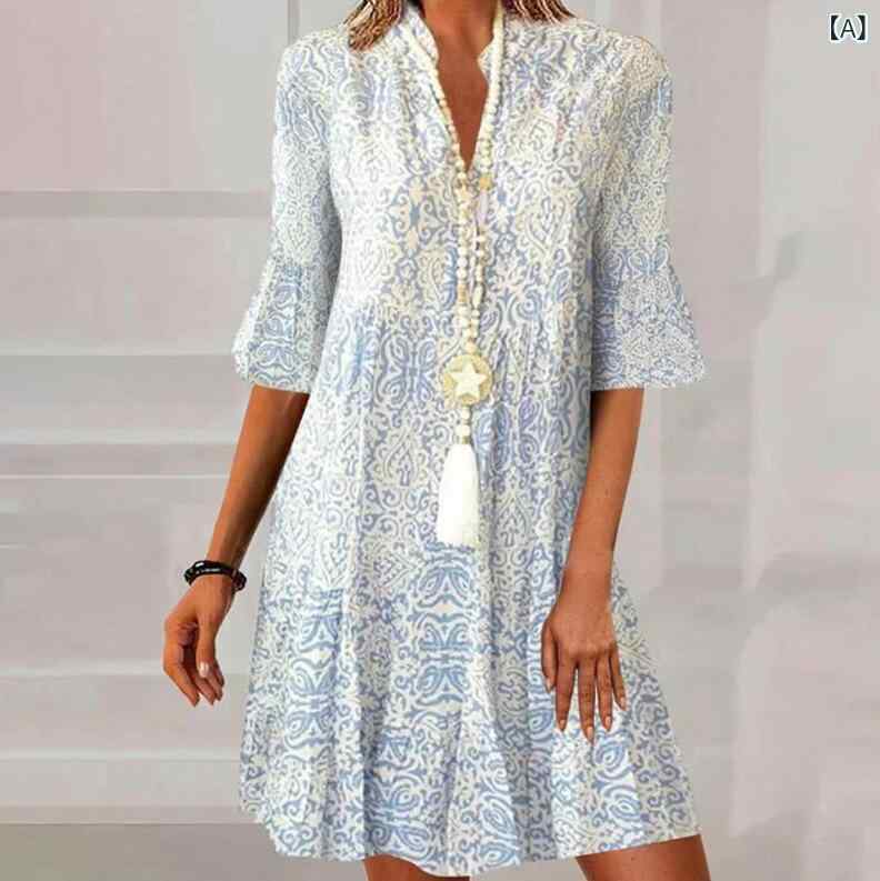 Dresses - ワンピース レディース Vネック 膝丈 五分袖 ひざ丈 フレア シルエット 総柄 プリント コットン混素材 ゆったり 体型カバー 通気性 通勤 お出かけ 旅行 カジュアル 春夏 リゾート お呼ばれ おしゃれ 涼しい