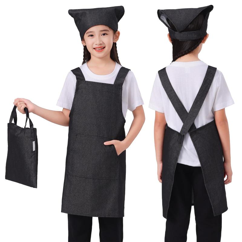 [BIGHAS] キッズ エプロン 3点セット 子供 三角巾 巾着バッグ 肩掛け バッククロス 無地 男の子 女の子 サイズ調整可能 しわになりにくい