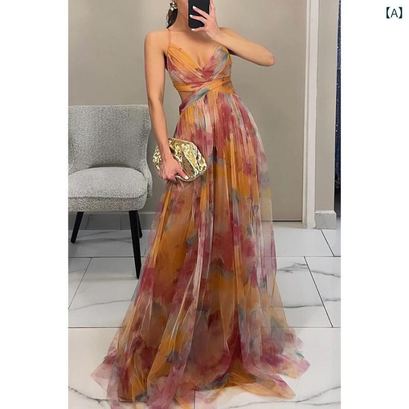 Dresses - ワンピース レディース キャミソールワンピース 総柄 プリント ノースリーブ 膝丈 Aライン フレア サマードレス リゾートウェア お出かけ デート 旅行服 通気性 軽量 涼しい ビーチ 普段着