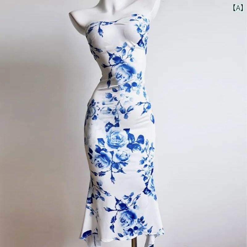 Dresses - ワンピース レディース ビスチェドレス 青花瓷柄 ノースリーブ 膝丈 マーメイドスカート スリット入り タイトシルエット パーティー 結婚式 二次会 演奏会 お呼ばれ スタイルアップ効果 動きやすい
