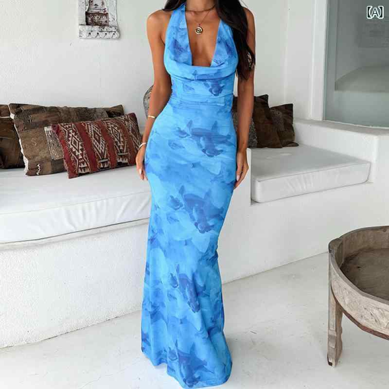 Dresses - ワンピース レディース キャミソールワンピース バックシャン 花柄 背中開き タイトシルエット ノースリーブ ロング丈 スリット入り リゾートワンピ お呼ばれ 二次会 パーティー 動きやすい