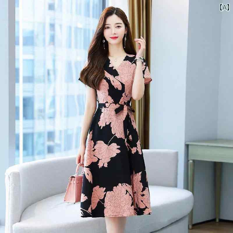 Dresses - ワンピース レディース 小花柄 ロング丈 五分袖 フレアシルエット ウエストシェイプ 体型カバー 涼しい素材 お出かけ デート カジュアル ナチュラル フェミニン 大人かわいい