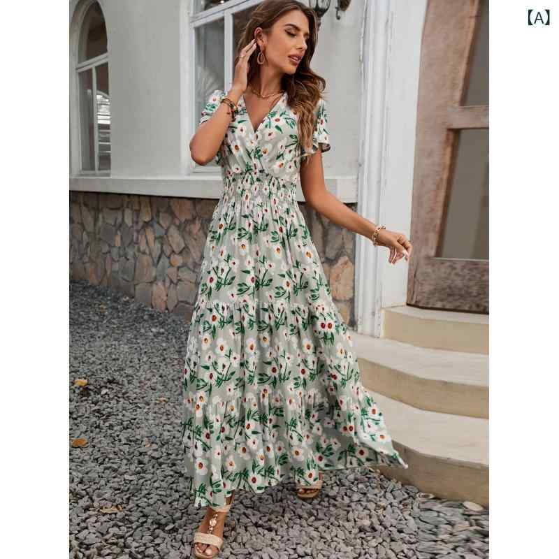 Dresses - ワンピース レディース Vネック 半袖 ひざ丈 花柄 プリント ウエストマーク Aライン 着痩せ 体型カバー カジュアル お出かけ 旅行 デート サマーワンピ