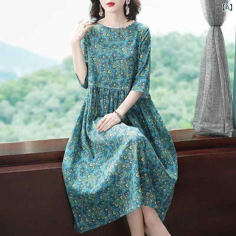 Dresses - ワンピース レディース 花柄 ロング丈 半袖 ゆったり 体型カバー シフォン素材 マキシ丈 フレアスカート 大きいサイズ 涼しい 薄手 通気性 お出かけ 旅行 リゾート 夏服 40代 50代 ミセス 膝下丈