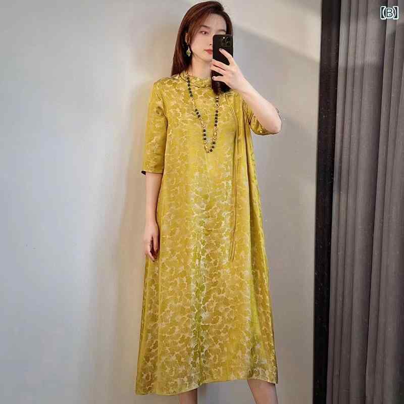 ワンピース レディース シルク調 提花ドレス チャイナ風 膝丈 上品シルエット 夏服...