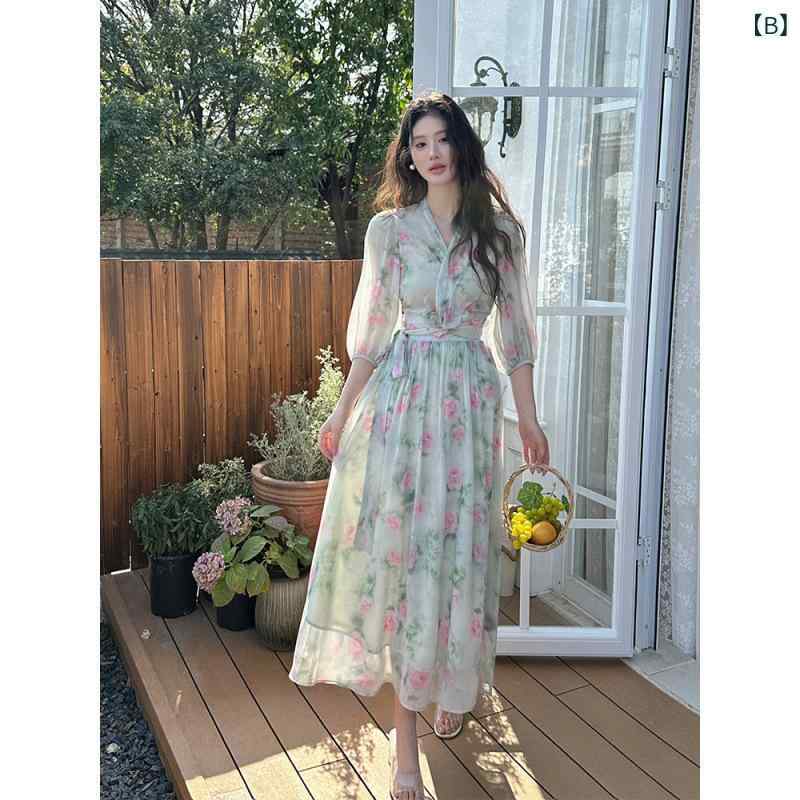 ワンピース レディース 花柄 シフォン セットアップ Vネック クロス 長袖 ロング丈...