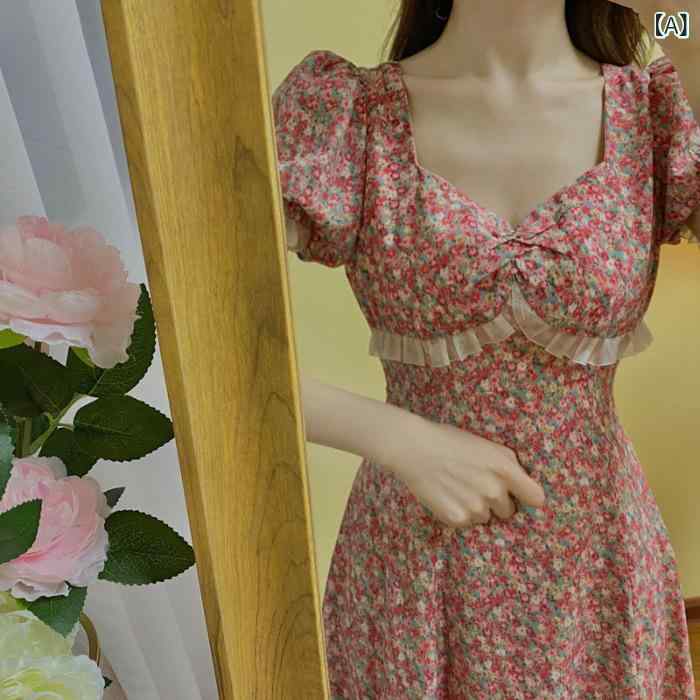 Dresses - ワンピース レディース 花柄 パフスリーブ 半袖 フレア シルエット 薄手 コットン混素材 夏服 大人 かわいい きれいめ 膝丈スカート ふんわり 涼しい 動きやすい お出かけ デート 春夏 爽やか