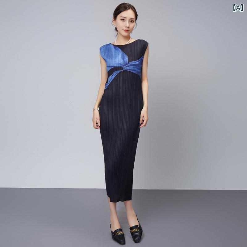 ワンピース レディース ノースリーブ ロング丈 柄物 クルーネック ロングワンピー...