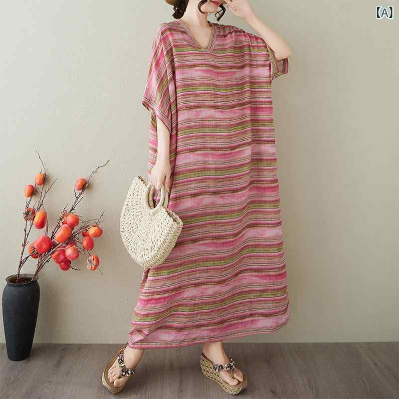 Dresses - ワンピース レディース ストライプ ロング丈 Vネック ゆったり 体型カバー Aライン マキシ丈 長袖 膝下丈 リゾート 休日コーデ 旅行 お出かけ ゆったりとしたシルエットで動きやすい